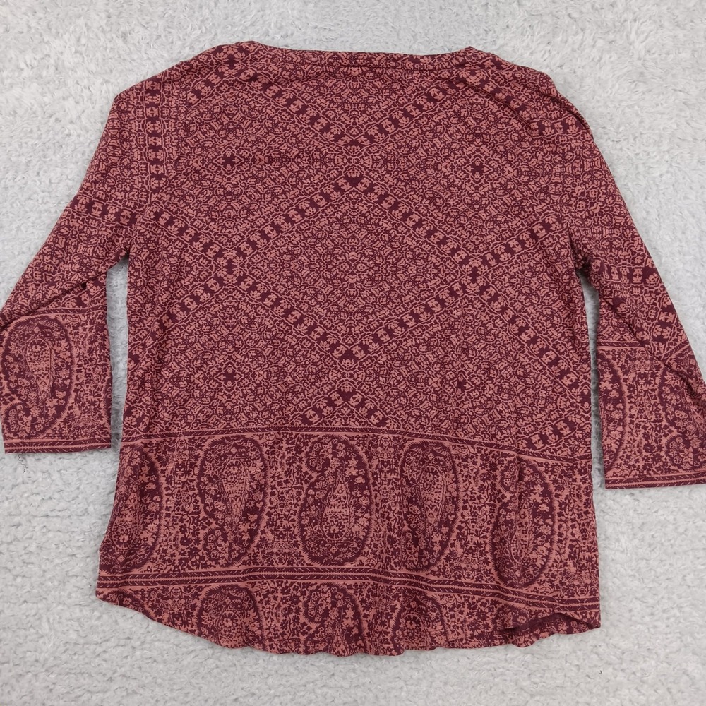 Lucky Brand Paisley Print Top Womens Large Burgundy 3/4 Sleeve Boho Scoop Neck - Picture 2 of 7